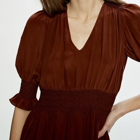 Love Sam Blixen Smocked Dress Cognac Silk Boho - Picture 10 of 12